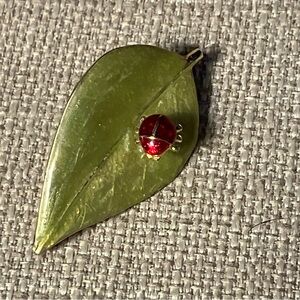 Vintage LIA Signed Ladybug Trembler Green Leaf Enamel Brooch